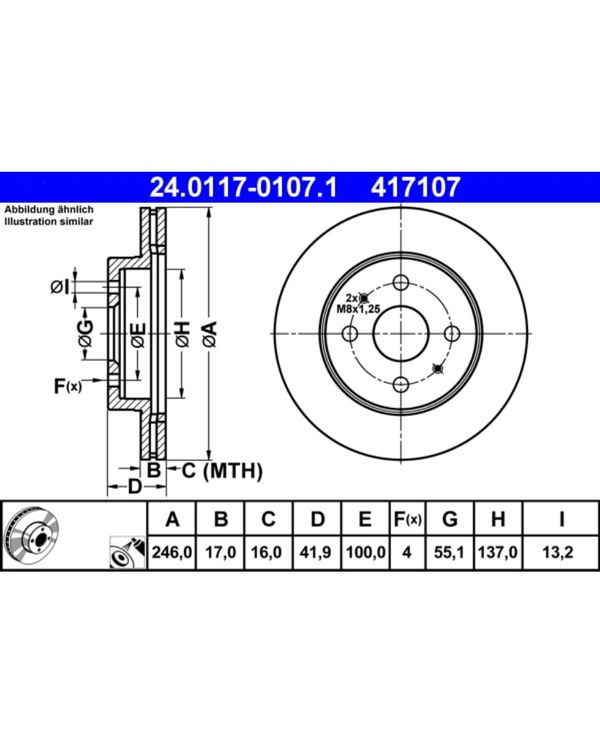 Bremsscheibe ATE 24.0117-0107.1 (2 Stk.) für Daihatsu Yrv Copen Sirion Cuore VII