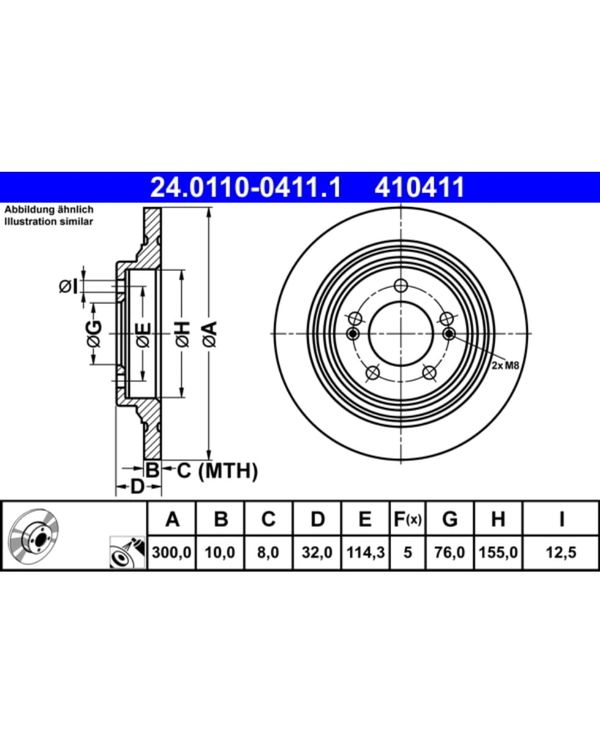 Bremsscheibe ATE 24.0110-0411.1 (2 Stk.) für Kia Hyundai Optima Kona Niro
