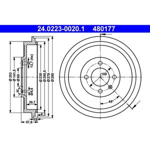 Bremstrommel ATE 24.0223-0020.1 (2 Stk.) für VW Seat Caddy II Inca