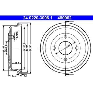 Bremstrommel ATE 24.0220-3006.1 (2 Stk.) für Ford Mondeo I