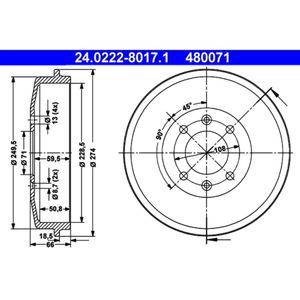 Bremstrommel ATE 24.0222-8017.1 (2 Stk.) für Citroën Peugeot C15 405 I 306