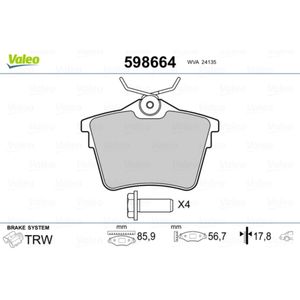 Bremsbelagsatz Scheibenbremse VALEO 598664 für Citroën Peugeot C5 III 407 SW